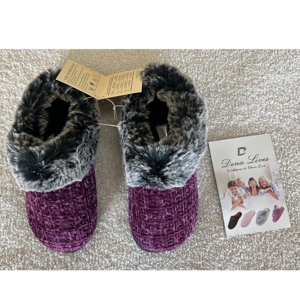 Dena Lives Medium Purple Chenille Memory‎ Foam Slippers Cozy Faux Fur Lined